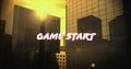 Image of game start over cityscape in yellow