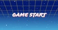 Image of game start text over shapes and spots on blue background