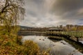 Image of a gazebo in the middle of the Doyards Lake and ducks swimming