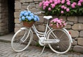 Quaint Old-Fashioned White Bicycle with Hydrangea Flowers in Front of Stone Wall Royalty Free Stock Photo