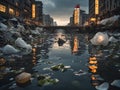 Ugly city river with bridge and a lot of garbage and pollution Royalty Free Stock Photo