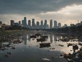 Ugly city river with bridge and a lot of garbage and pollution Royalty Free Stock Photo