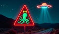 Octopus Attack Nighttime Warning Sign with UFO Royalty Free Stock Photo
