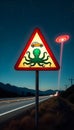 Octopus Attack Nighttime Warning Sign with UFO Royalty Free Stock Photo