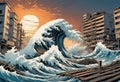 Tsunami waves encroach on land submerging Japanese coastal city, Manga style Royalty Free Stock Photo