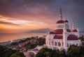 Beautiful landscape view of Malacca Straits Mosque during awesome sunset