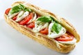 A caprese sandwich with fresh mozzarella, tomatoes, and basil on a baguette, isolated on a white background