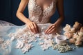 close-up hands of woman seamstress tailor designer wedding dress sews beads to lace on a blue background in the