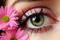 Close-up of woman green eye. Pink flower on background Royalty Free Stock Photo