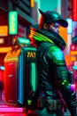 cool cyberpunk hacker wearing futuristic tactical outfit on the dystopian streets. Neon city nightlife sci fi military soldiers