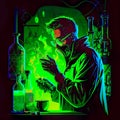 cool male scientist experimenting green chemicals gas in the laboratory with cyberpunk futuristic neon vibes in the lab Royalty Free Stock Photo