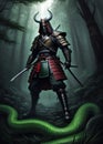 cool ninja warrior samurai fight against a giant snake dragon monster in to the wild forest or mysterious jungle