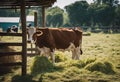 A cow is eating fodder at a stall in a field