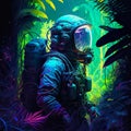 cyberpunk astronaut in the mysterious jungle illustration creative colorful forest fantasy art Science fiction scifi Royalty Free Stock Photo