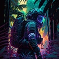 cyberpunk astronaut in the mysterious jungle illustration fantasy creative concept art night forest terror Royalty Free Stock Photo