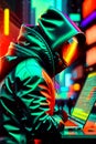 cyberpunk cool hacker working laptop. Anonymous hacker coding with computer. futuristic city neon nightlife