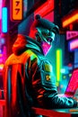 cyberpunk cool hacker working laptop. Anonymous hacker coding with computer. futuristic city neon nightlife