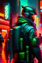 cyberpunk robot sci fi military soldiers wearing futuristic tactical outfit on the dystopian streets. Neon city nightlife.