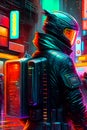 cyberpunk robot sci fi military soldiers wearing futuristic tactical outfit on the dystopian streets. Neon city nightlife.