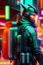 cyberpunk military soldiers patrolling at night with futuristic tactical outfit armor on the dystopian streets. sci fi robot.