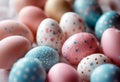 decorated pink Beautiful Cute egg Easter speckled holiday concept table blue white hand Background Pattern Vintage Ribbon Spring Royalty Free Stock Photo