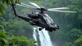 apache helicopter flying between the green trees in the jungle Royalty Free Stock Photo