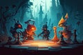 Fantasy chess where pieces alive, cartoon, stylized style, game landscape background