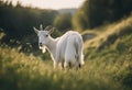 A Goat Grazing Fresh Grass in the Meadow