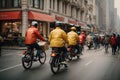 The hustle and bustle of food delivery riders with a striking image of them picking up orders from a popular restaurant