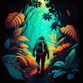 Cool Astronaut walking in to the wild jungle illustration aesthetic vibes in tropical forest illustration