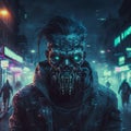 Cyberpunk undead army Futuristic zombie apocalypse zombies walking on the streets cyberpunk neon city night infected zombies wave