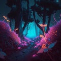 magical glowing forest illustration mysterious jungle Colorful bioluminescence plants flowers leaves landscape Royalty Free Stock Photo