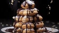 A Photo of a Tower of Cream Puffs with a Drizzle of Chocolate