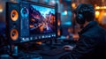 A focused video engineer with headphones works on sound mixing at a high-tech studio setup with colorful monitors Royalty Free Stock Photo