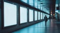 Long subway corridor with glowing billboards and a lone figure walking into the distance under a blue hue Royalty Free Stock Photo