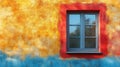 A rustic wall painted in yellow and blue with a redframed window reflects soft sunlight in a quiet outdoor setting Royalty Free Stock Photo