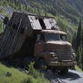 A rusty, overloaded loading truck, struggling to make its way up a steep hill.