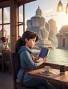 A traveler, sitting in a cafe, reading a book about a distant land.