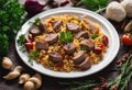 Vegetables Flat Pilaf Lay Spices Close Traditional Lamb Meat Plate White