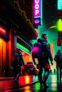 cyberpunk military soldiers patrolling at night with futuristic tactical outfit armor on the dystopian streets. sci fi robot.