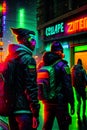 cyberpunk futuristic city neon nightlife assassin on the downtown dystopian urban streets. Cyberpunk soldiers