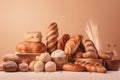 Assorted bakery products, loaves of bread, buns on a light background. ai generative