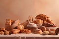 Assorted bakery products, loaves of bread, buns on a light background. ai generative