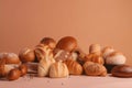 Assorted bakery products, loaves of bread, buns on a light background. ai generative