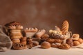 Assorted bakery products, loaves of bread, buns on a light background. ai generative