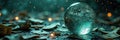 Glowing crystal sphere amidst scattered currency and sparkling ambience Royalty Free Stock Photo