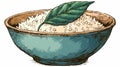 Japanese Rice Bowl with Decorative Leaf - Vector Illustration Royalty Free Stock Photo