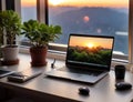 Modern laptop with screen on table against blurred sunset background, stunning view Royalty Free Stock Photo