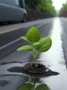 new life, plant growing on road with water particles, generative using ai