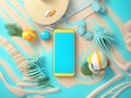 Travel concept, 3D mobile and beach vector, advertising media, generative using ai to